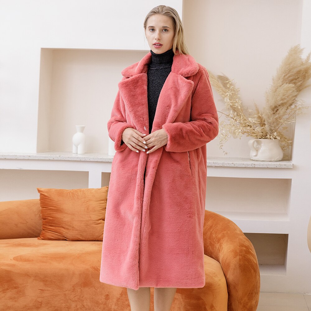 New Female Winter Plush Thick Warm Loose Women Faux Rabbit Fur Coat Loose Lapel Fur Coat