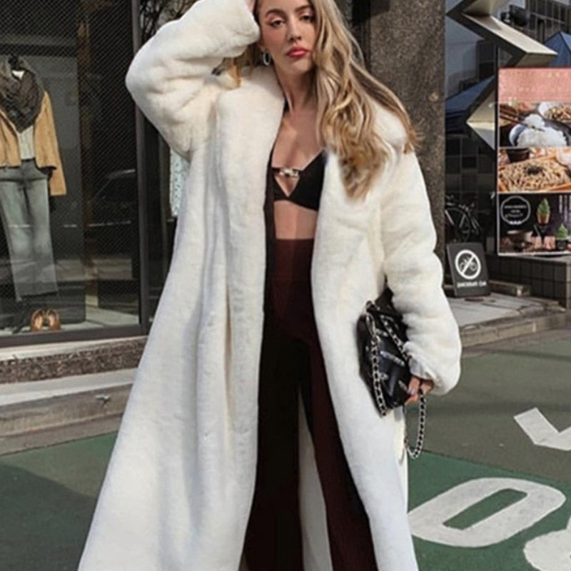New Female Winter Plush Thick Warm Loose Women Faux Rabbit Fur Coat Loose Lapel Fur Coat
