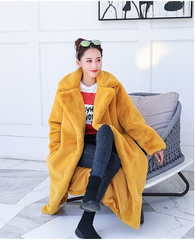 New Female Winter Plush Thick Warm Loose Women Faux Rabbit Fur Coat Loose Lapel Fur Coat
