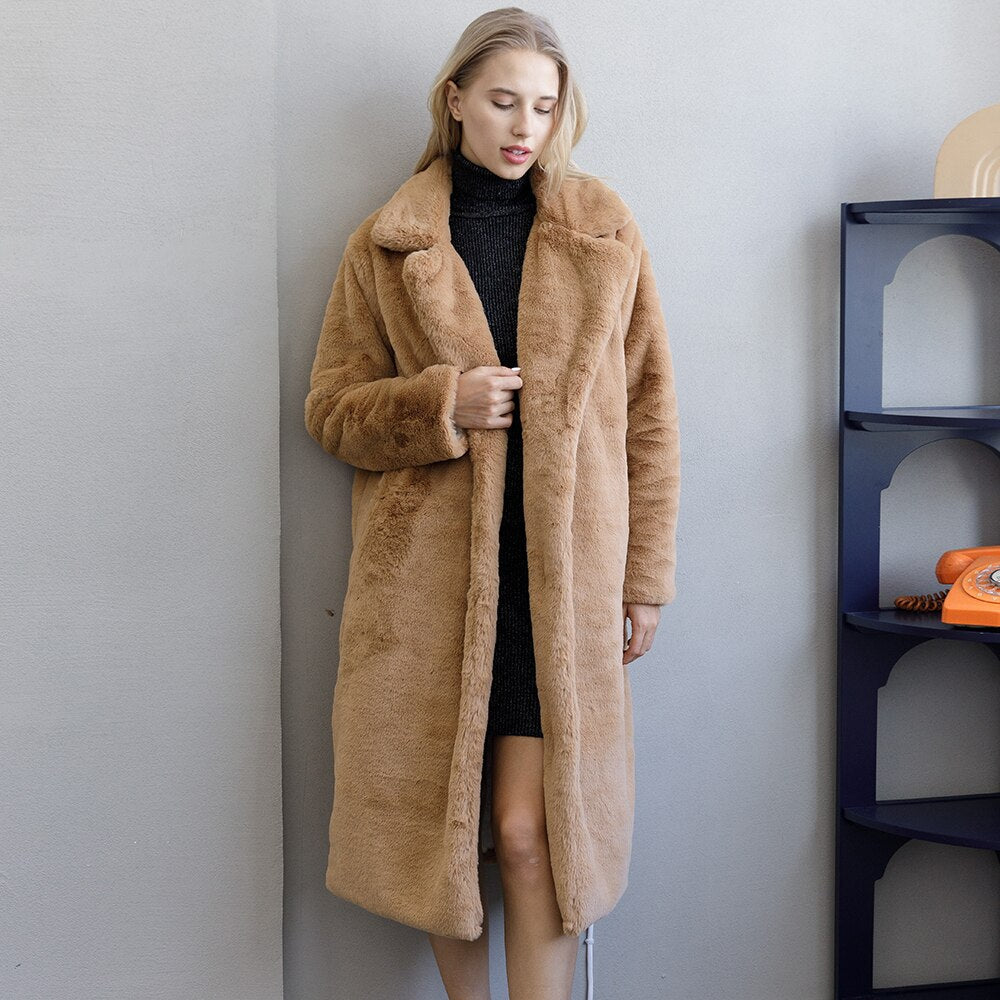 New Female Winter Plush Thick Warm Loose Women Faux Rabbit Fur Coat Loose Lapel Fur Coat