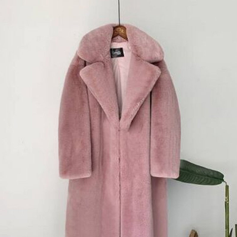 New Female Winter Plush Thick Warm Loose Women Faux Rabbit Fur Coat Loose Lapel Fur Coat
