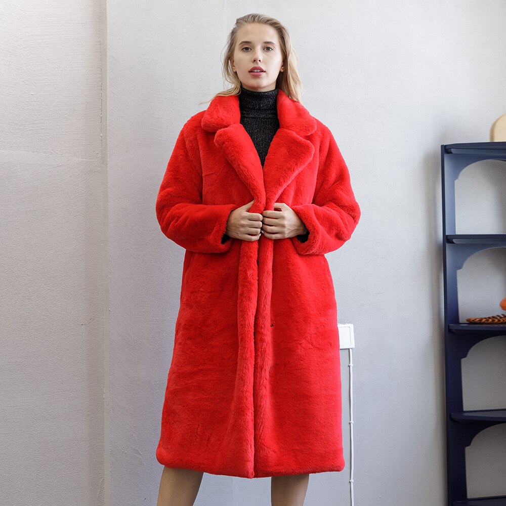 New Female Winter Plush Thick Warm Loose Women Faux Rabbit Fur Coat Loose Lapel Fur Coat