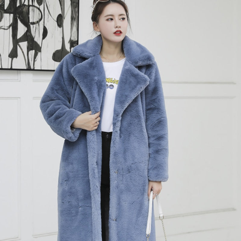 New Female Winter Plush Thick Warm Loose Women Faux Rabbit Fur Coat Loose Lapel Fur Coat
