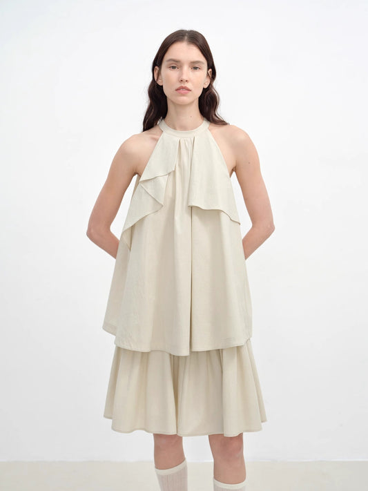 "Floating Island Manor" Small Stand-Up Collar Design Asymmetrical Halter Dress