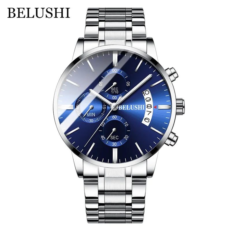 BELUSHI Fashion Men's Quartz Watch Chronograph Luxury Full Steel Waterproof