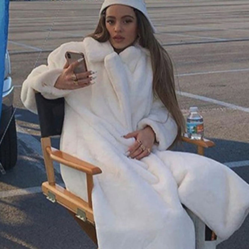 New Female Winter Plush Thick Warm Loose Women Faux Rabbit Fur Coat Loose Lapel Fur Coat