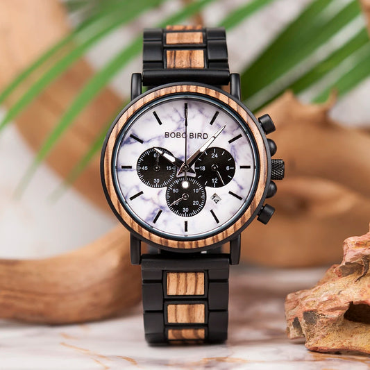 BOBO BIRD P09 Wood and Stainless Steel Watches Mens Chronograph Wristwatches Luminous Hands Stop Clock Customized Dropshipping