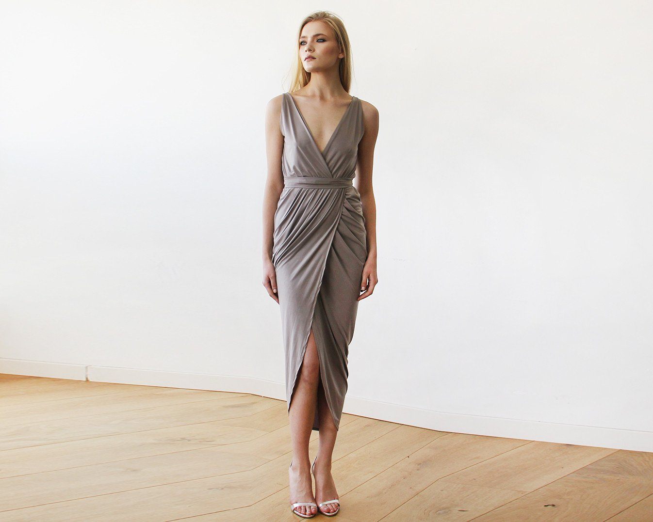 Taupe Wrap Tulip Dress With v Neckline #1154