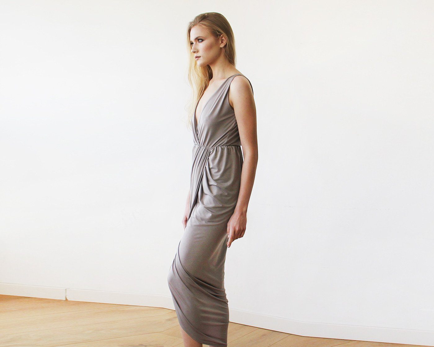 Taupe Wrap Tulip Dress With v Neckline #1154