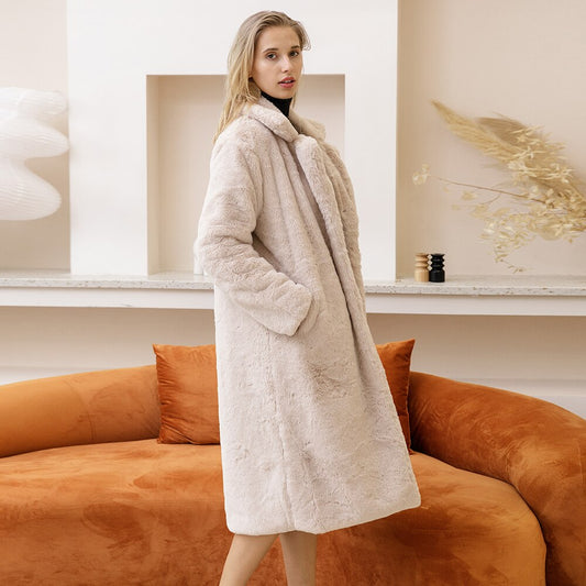 New Female Winter Plush Thick Warm Loose Women Faux Rabbit Fur Coat Loose Lapel Fur Coat