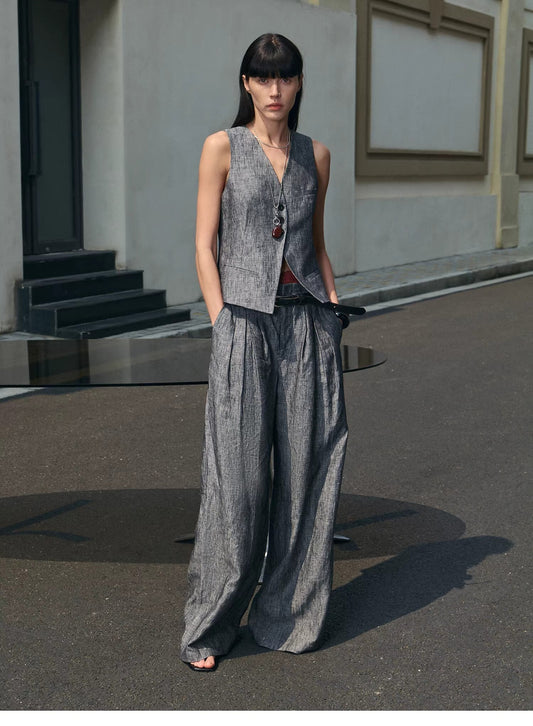 "Old Money Space" Linen Draped Vest and Straight Trousers Suit