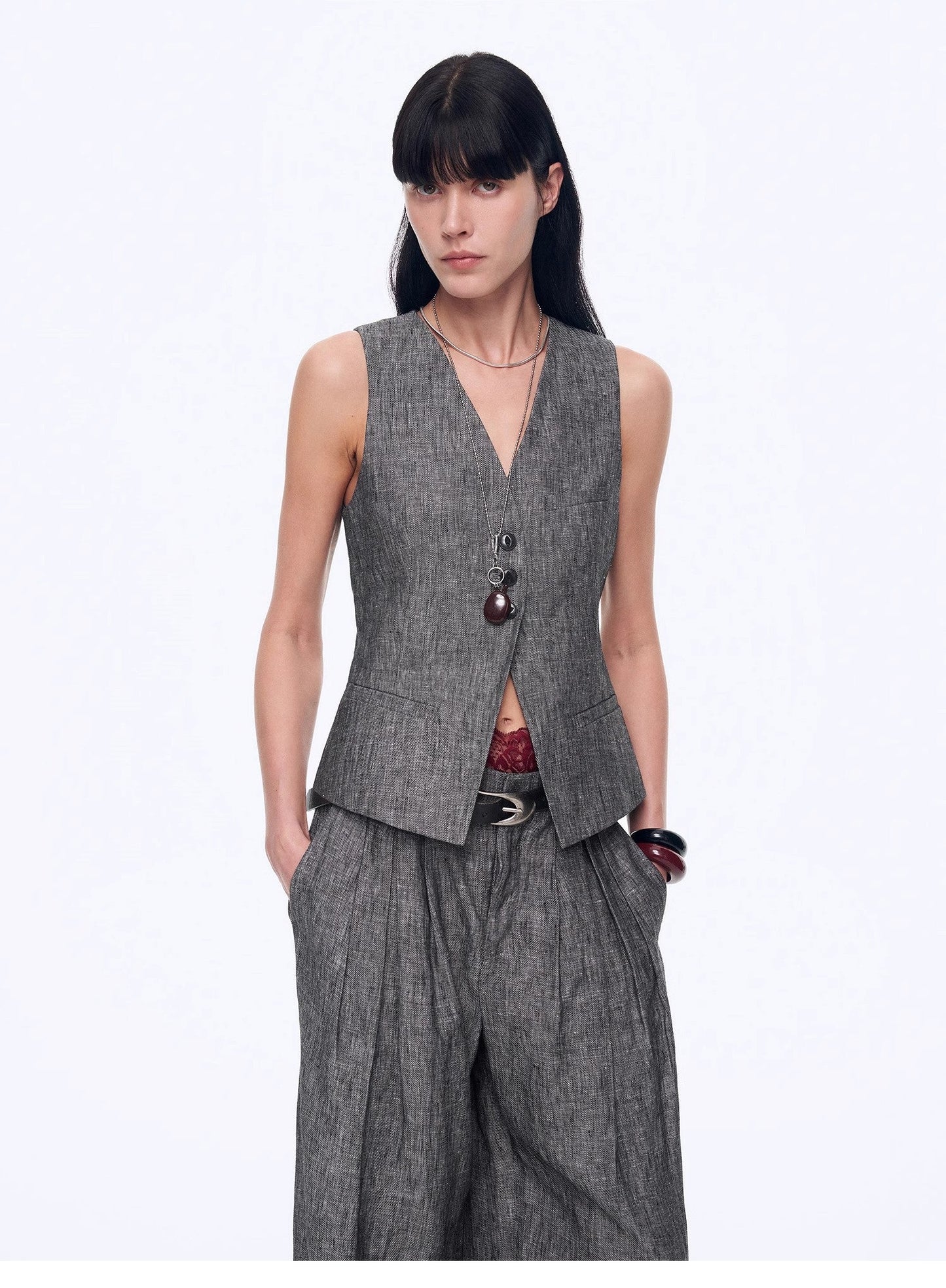 "Old Money Space" Linen Draped Vest and Straight Trousers Suit
