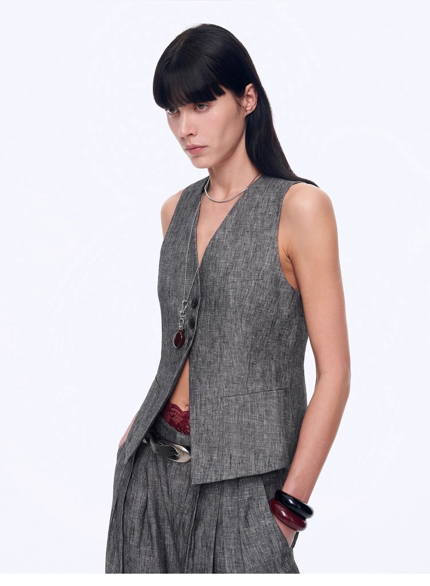 "Old Money Space" Linen Draped Vest and Straight Trousers Suit