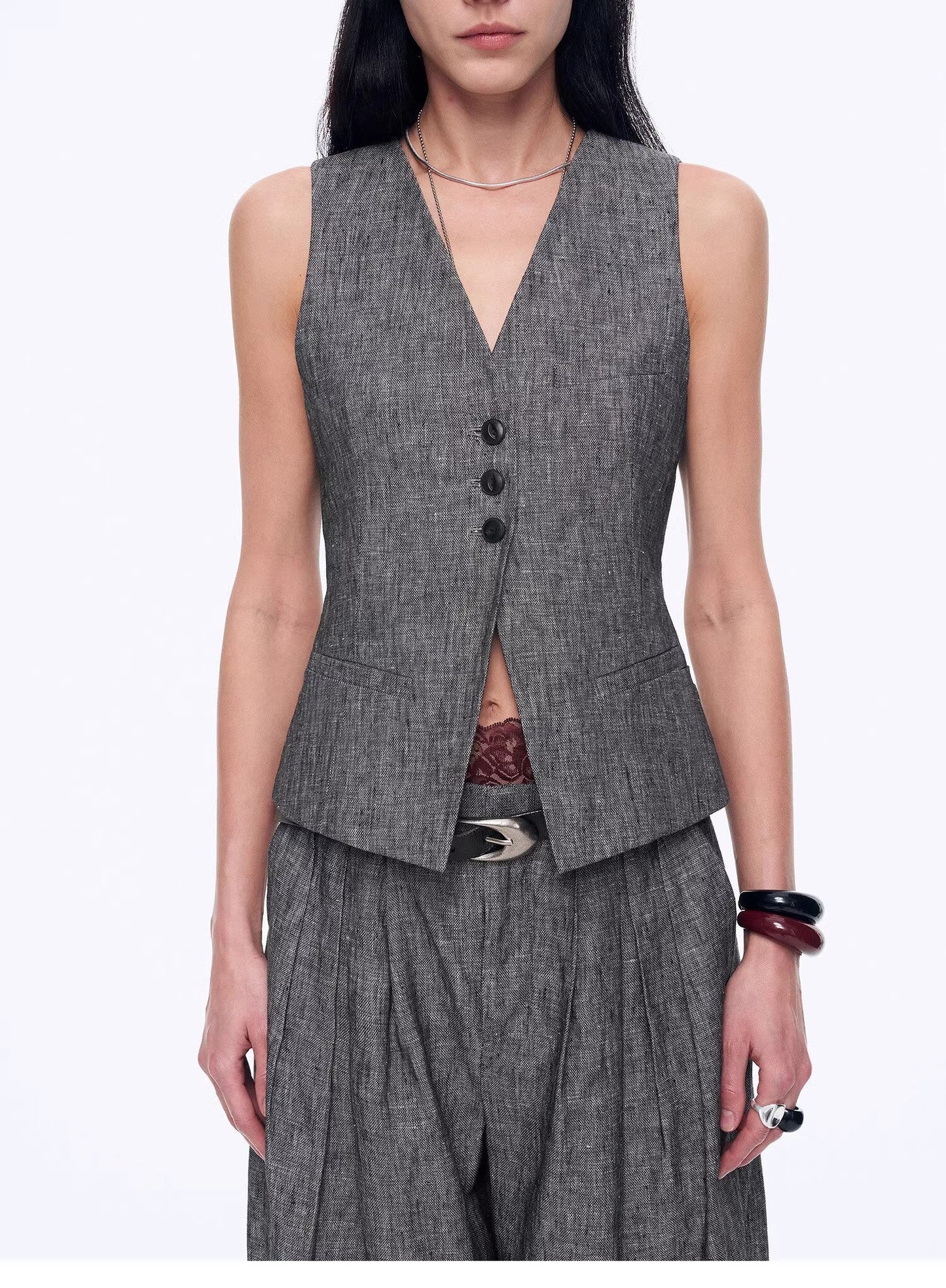 "Old Money Space" Linen Draped Vest and Straight Trousers Suit