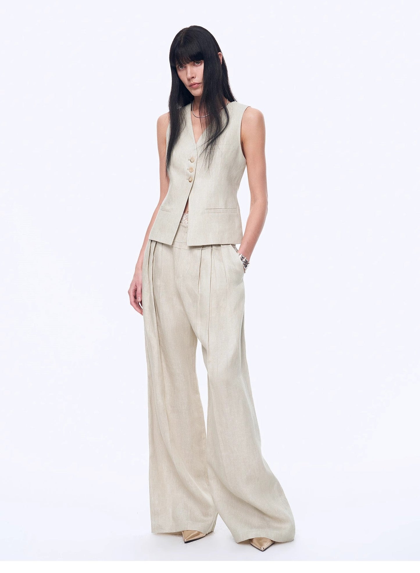 "Old Money Space" Linen Draped Vest and Straight Trousers Suit