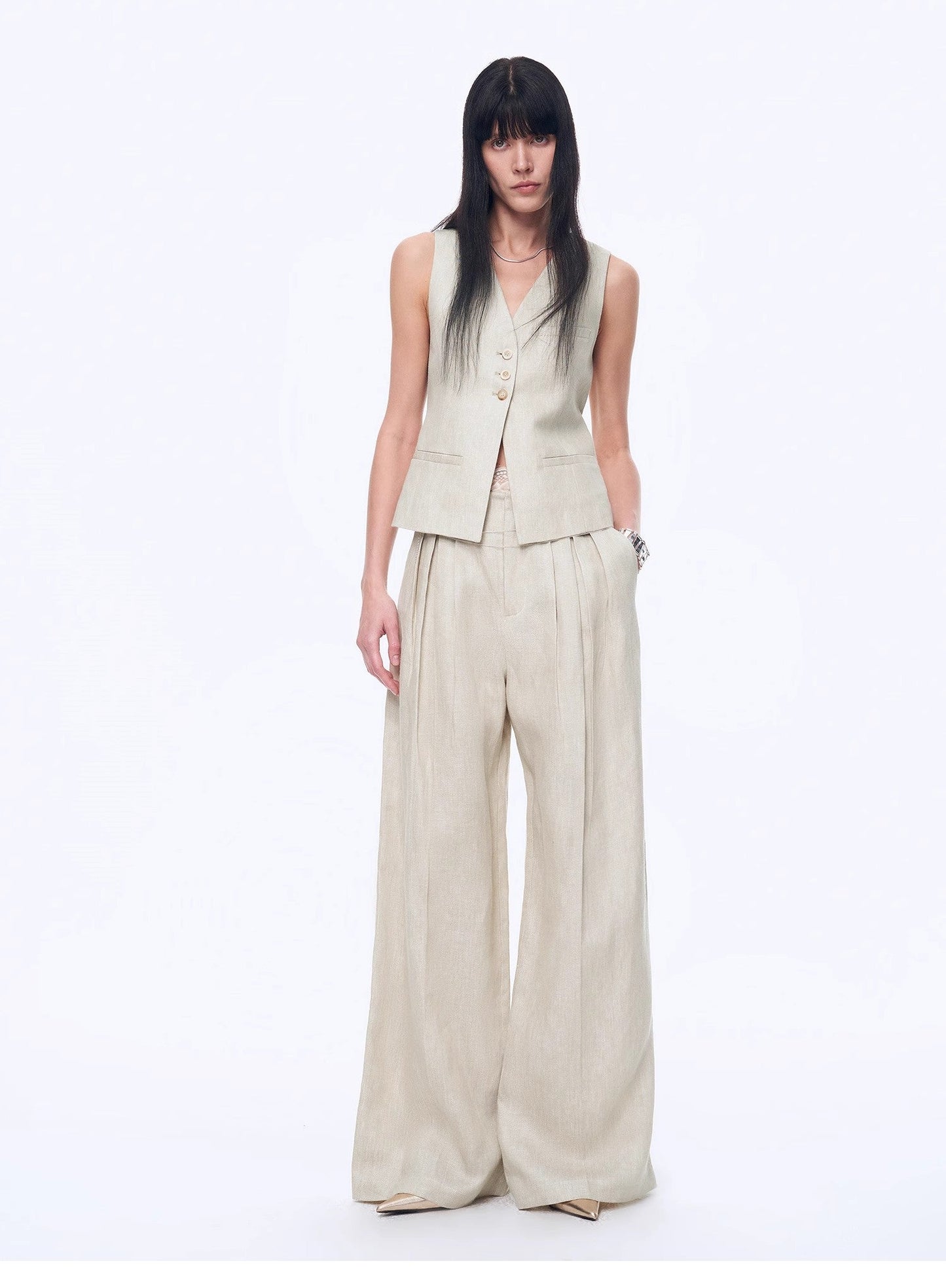 "Old Money Space" Linen Draped Vest and Straight Trousers Suit