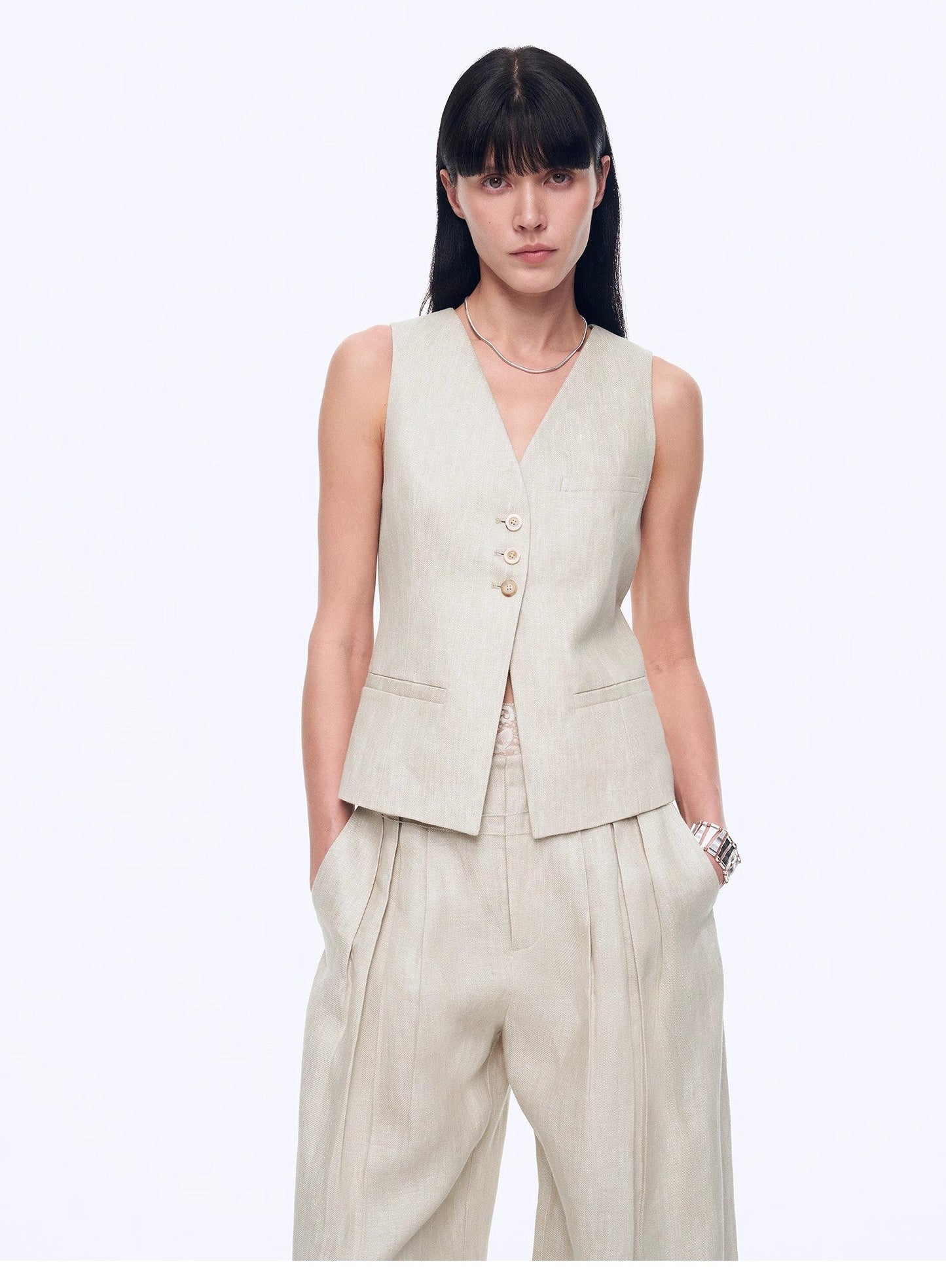 "Old Money Space" Linen Draped Vest and Straight Trousers Suit