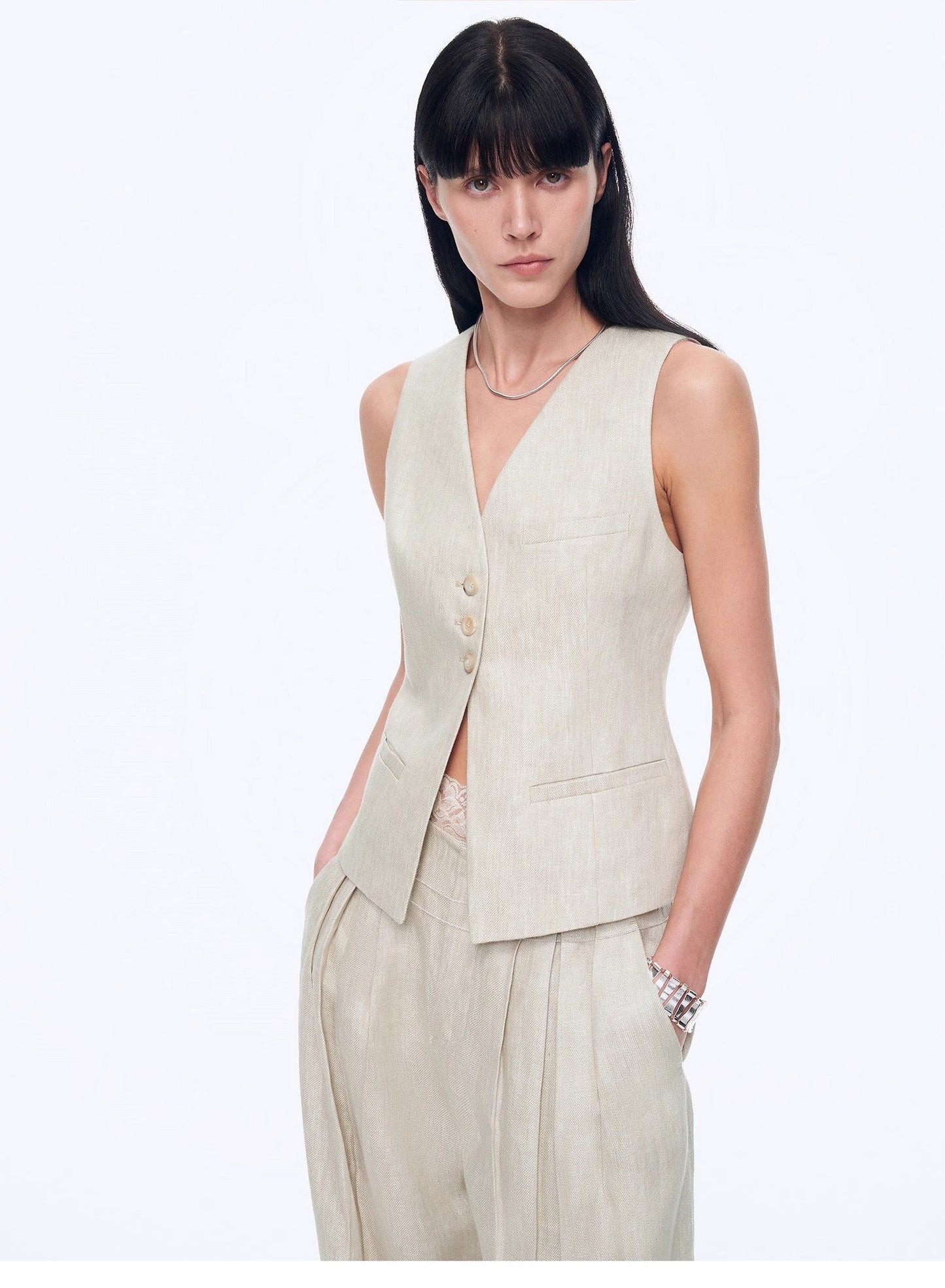 "Old Money Space" Linen Draped Vest and Straight Trousers Suit