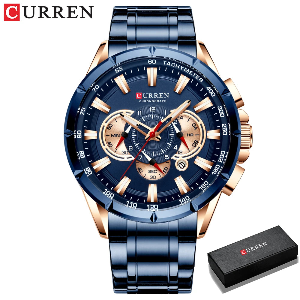 CURREN New Casual Sport Chronograph Men's Watches Stainless Steel Band Wristwatch Big Dial Quartz Clock With Luminous Pointers