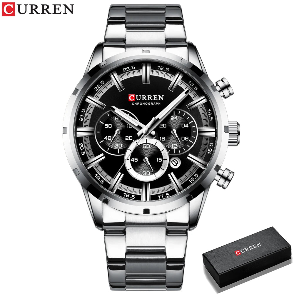 CURREN Military Quartz Watches Silver Blue Mens Stainless Steel Chronograph