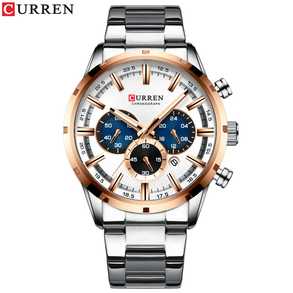 CURREN Military Quartz Watches Silver Blue Mens Stainless Steel Chronograph