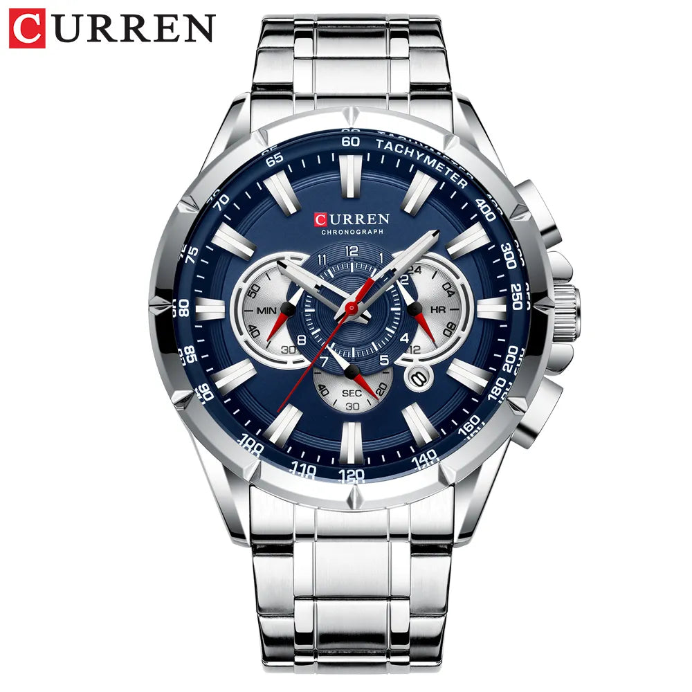 CURREN New Casual Sport Chronograph Men's Watches Stainless Steel Band Wristwatch Big Dial Quartz Clock With Luminous Pointers