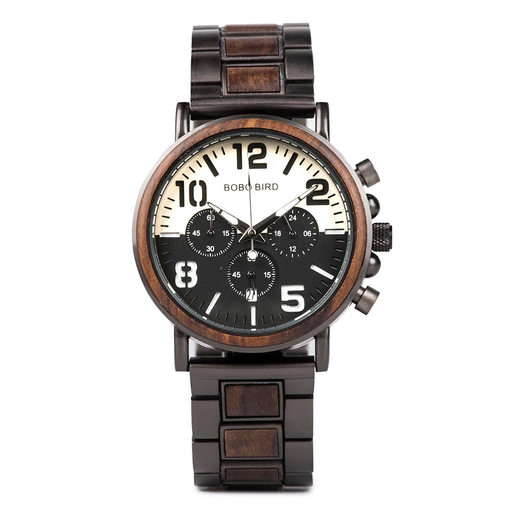 BOBO BIRD Wooden Men Watches Relogio Masculino Top Brand Luxury Stylish Chronograph Military Watch Personalized Gift for Man OEM