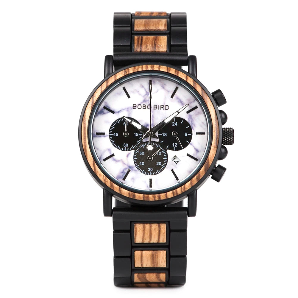 BOBO BIRD P09 Wood and Stainless Steel Watches Mens Chronograph Wristwatches Luminous Hands Stop Clock Customized Dropshipping