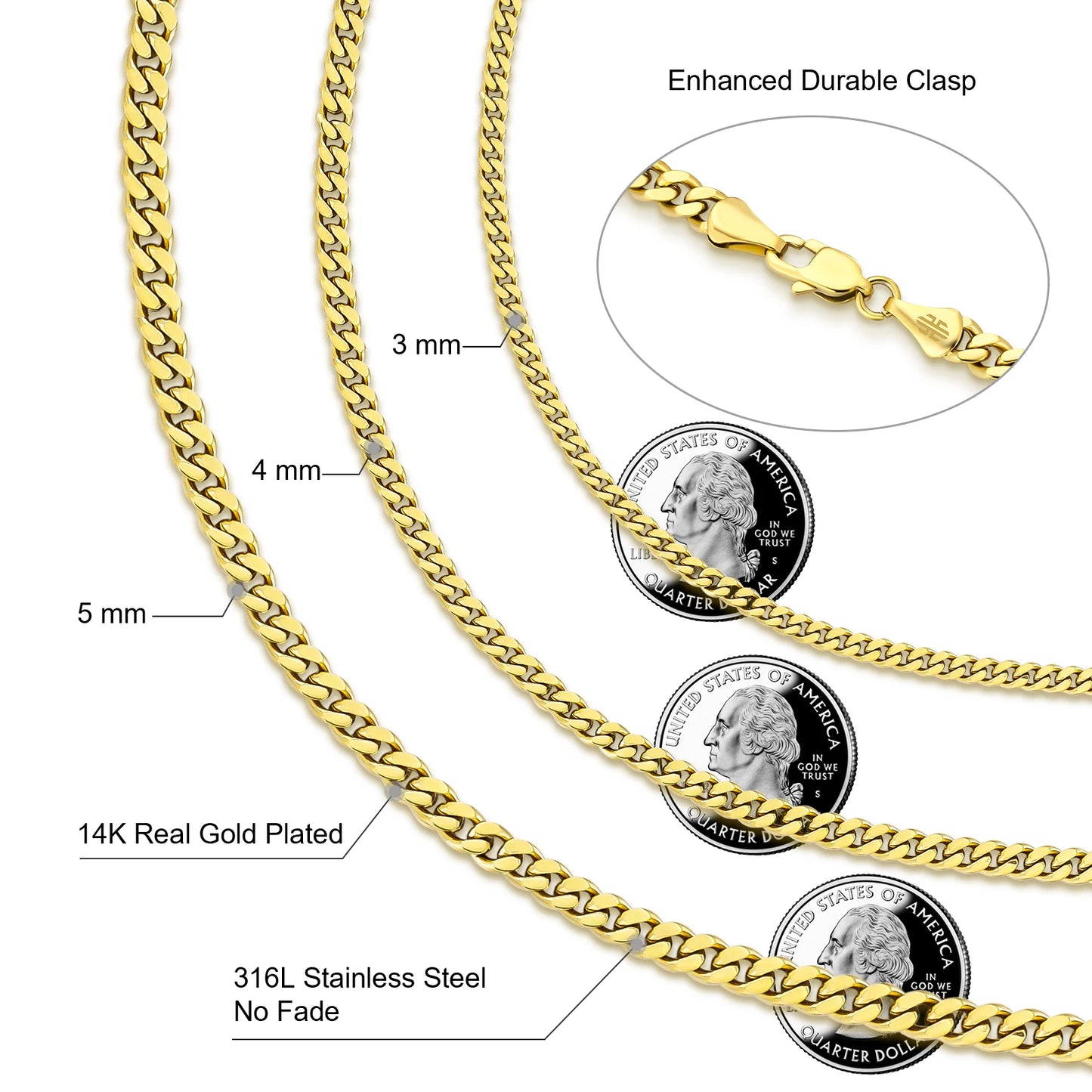 5MM Curb Cuban Necklace Tarnish Free Waterproof Jewelry Women Hiphop 14K Real Gold Plating Stainless Steel Men Cuban Link Chain