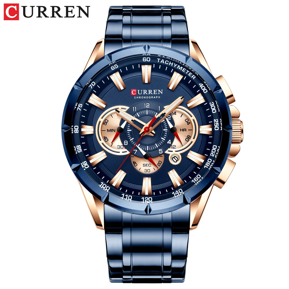 CURREN New Casual Sport Chronograph Men's Watches Stainless Steel Band Wristwatch Big Dial Quartz Clock With Luminous Pointers