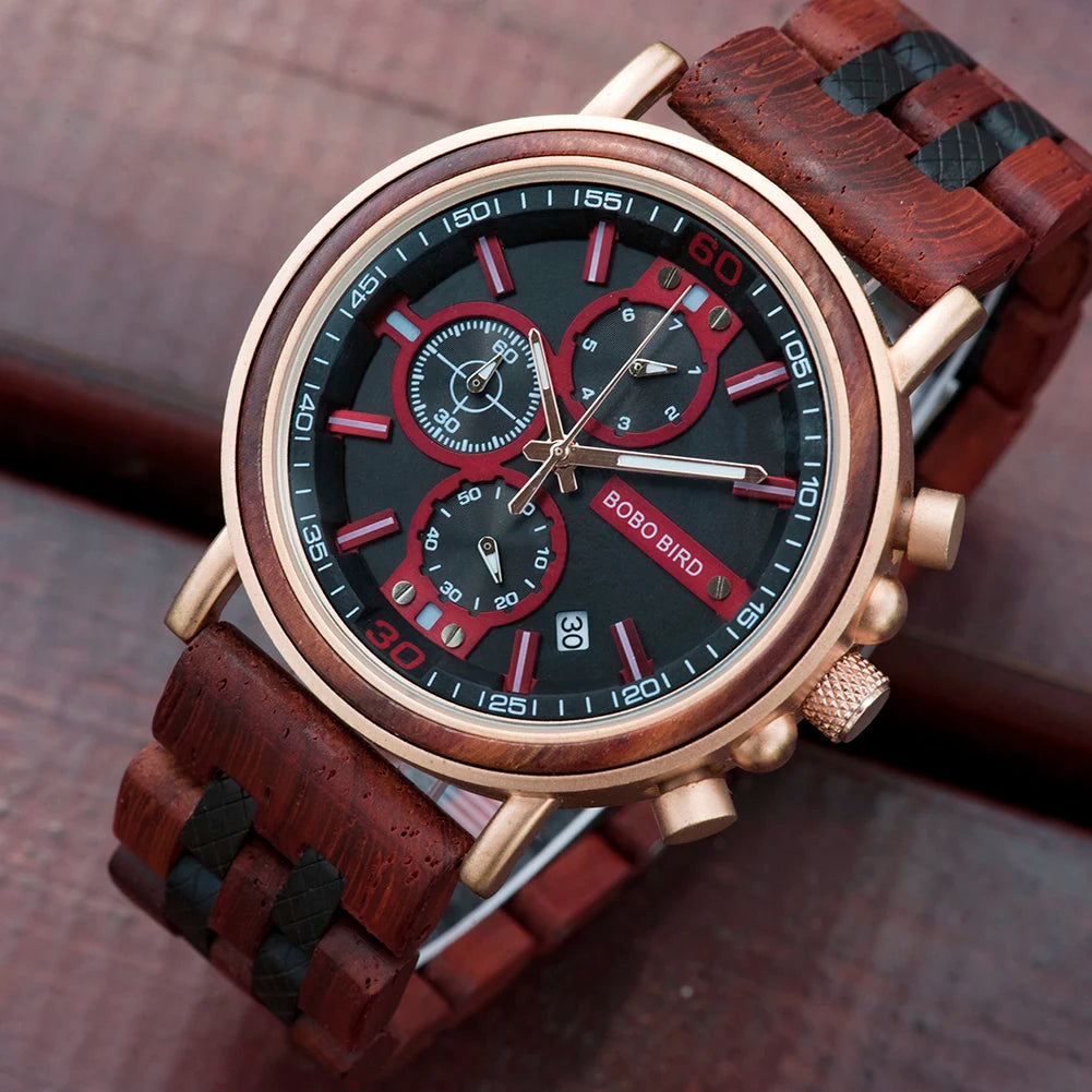 BOBO BIRD Wooden Watch Men Top Brand Luxury Stylish Chronograph Military Watches Wooden Box Logo Custom Great Gift Reloj Hombre