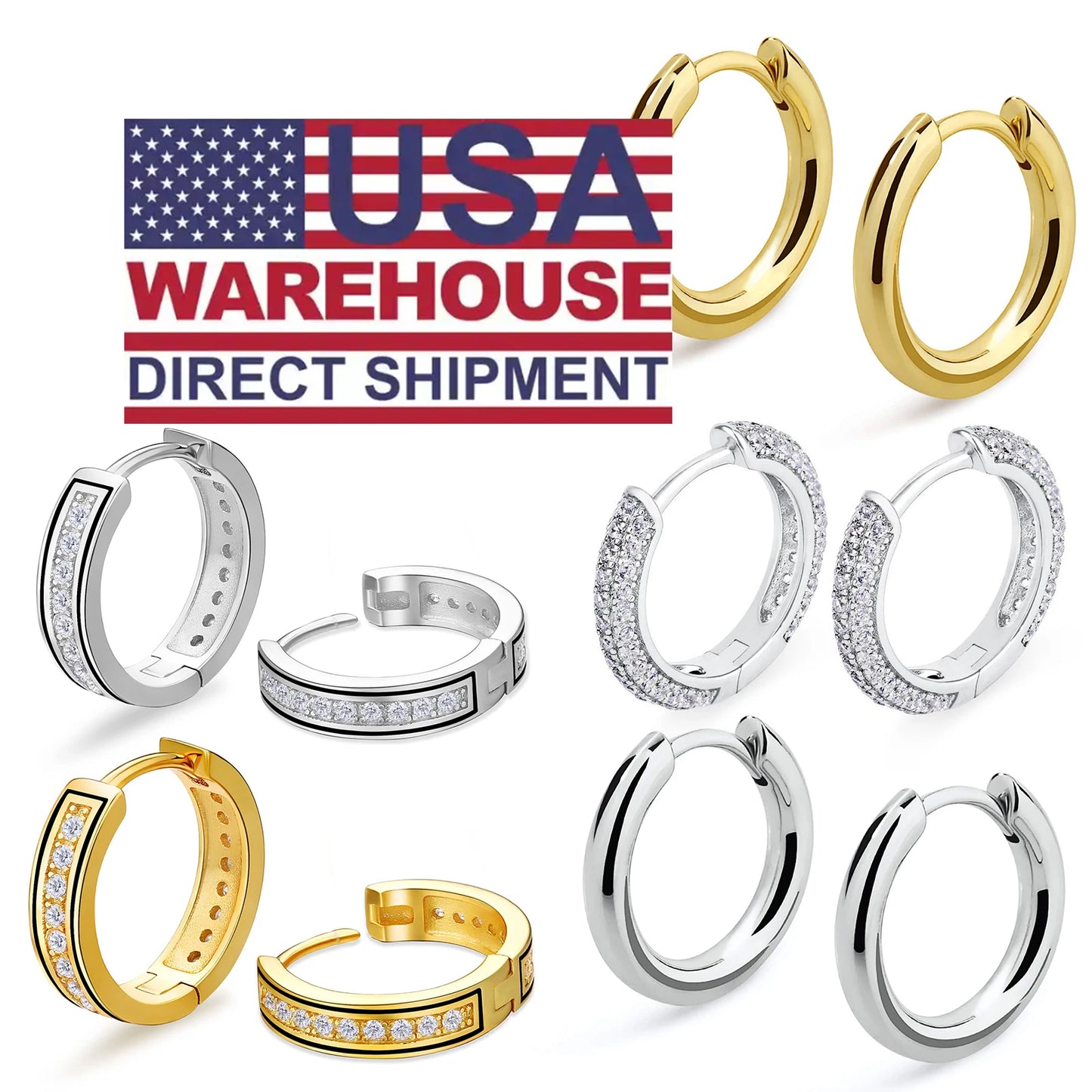 USA Free Ship 14K Gold Plating Hypoallergenic Huggie Cubic Zirconia Sterling Silver 925 Jewellery Women 5A CZ Hoop Earrings Men
