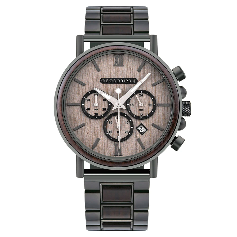 BOBO BIRD P09 Wood and Stainless Steel Watches Mens Chronograph Wristwatches Luminous Hands Stop Clock Customized Dropshipping