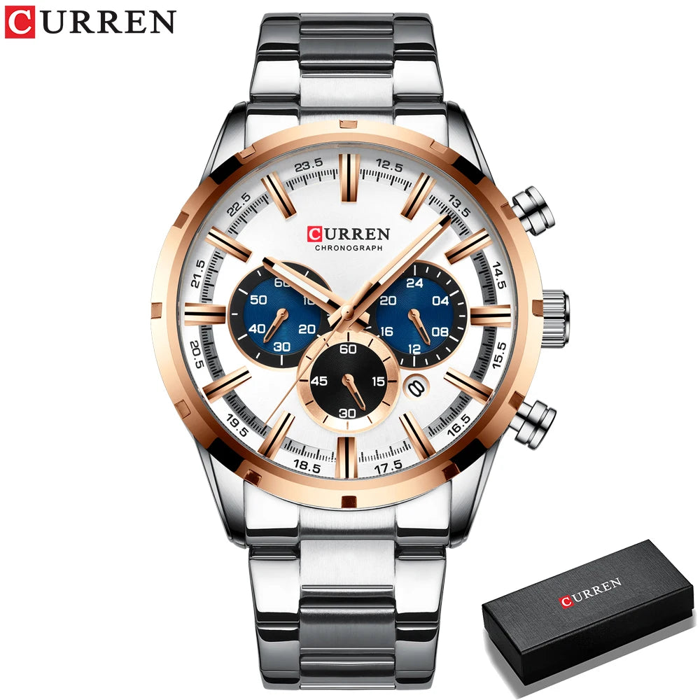 CURREN Military Quartz Watches Silver Blue Mens Stainless Steel Chronograph