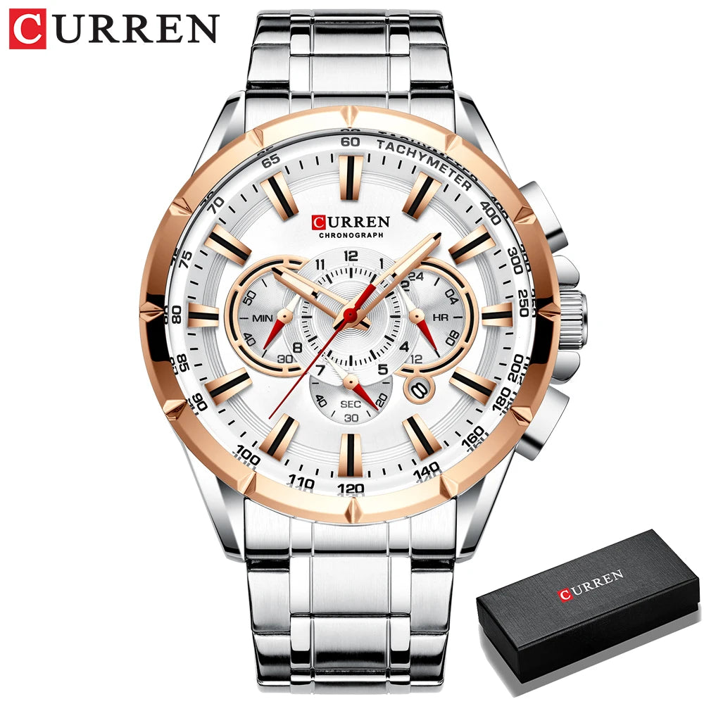 CURREN New Casual Sport Chronograph Men's Watches Stainless Steel Band Wristwatch Big Dial Quartz Clock With Luminous Pointers