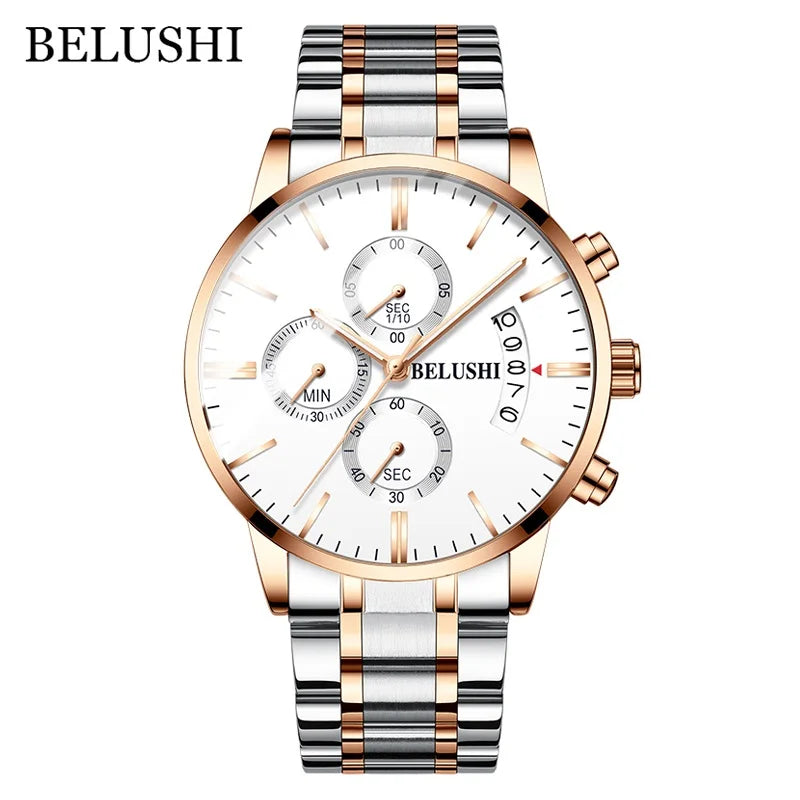 BELUSHI Fashion Men's Quartz Watch Chronograph Luxury Full Steel Waterproof