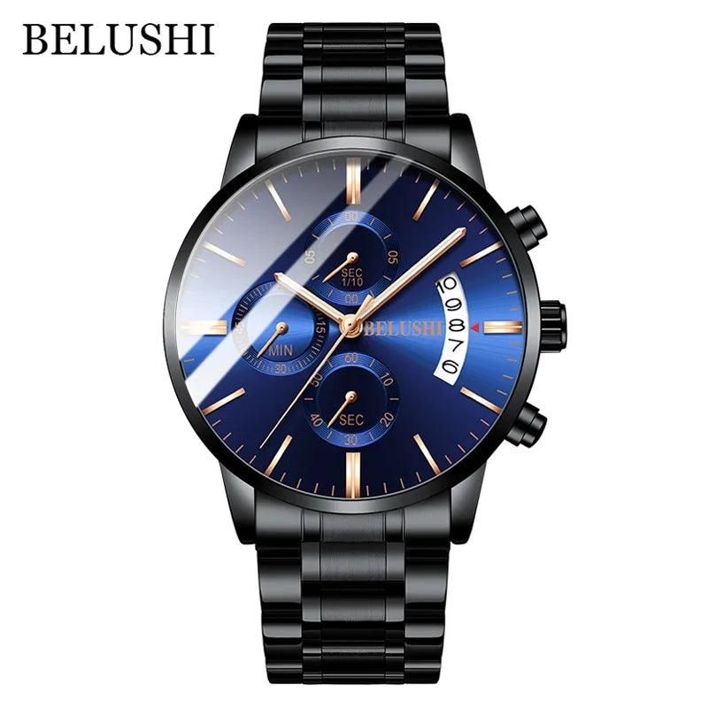 BELUSHI Fashion Men's Quartz Watch Chronograph Luxury Full Steel Waterproof