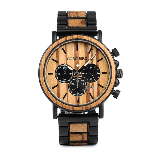 BOBO BIRD P09 Wood and Stainless Steel Watches Mens Chronograph Wristwatches Luminous Hands Stop Clock Customized Dropshipping