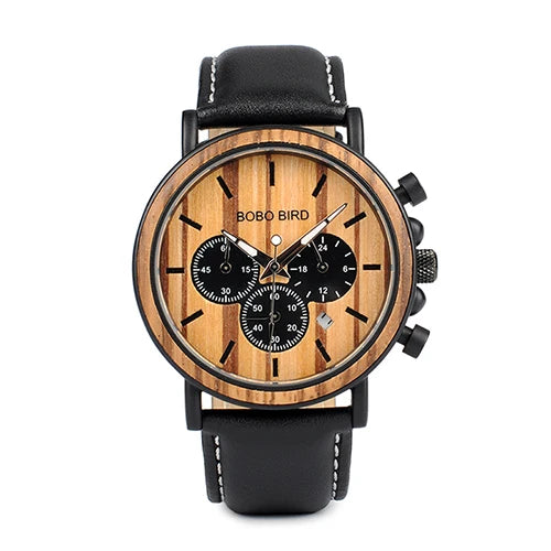 BOBO BIRD P09 Wood and Stainless Steel Watches Mens Chronograph Wristwatches Luminous Hands Stop Clock Customized Dropshipping
