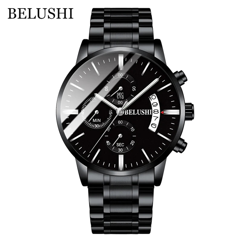 BELUSHI Fashion Men's Quartz Watch Chronograph Luxury Full Steel Waterproof