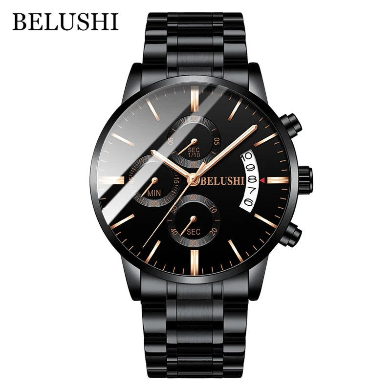 BELUSHI Fashion Men's Quartz Watch Chronograph Luxury Full Steel Waterproof