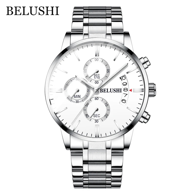 BELUSHI Fashion Men's Quartz Watch Chronograph Luxury Full Steel Waterproof