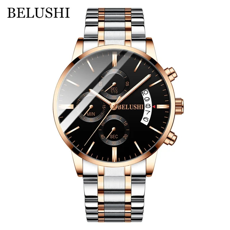 BELUSHI Fashion Men's Quartz Watch Chronograph Luxury Full Steel Waterproof