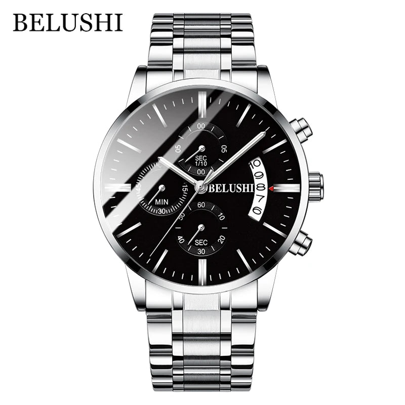 BELUSHI Fashion Men's Quartz Watch Chronograph Luxury Full Steel Waterproof