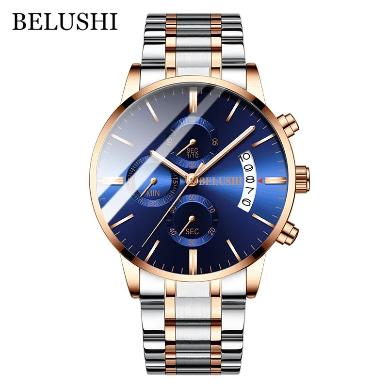 BELUSHI Fashion Men's Quartz Watch Chronograph Luxury Full Steel Waterproof
