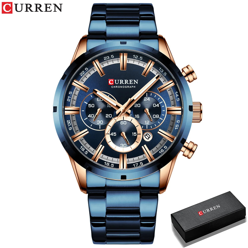 CURREN Military Quartz Watches Silver Blue Mens Stainless Steel Chronograph