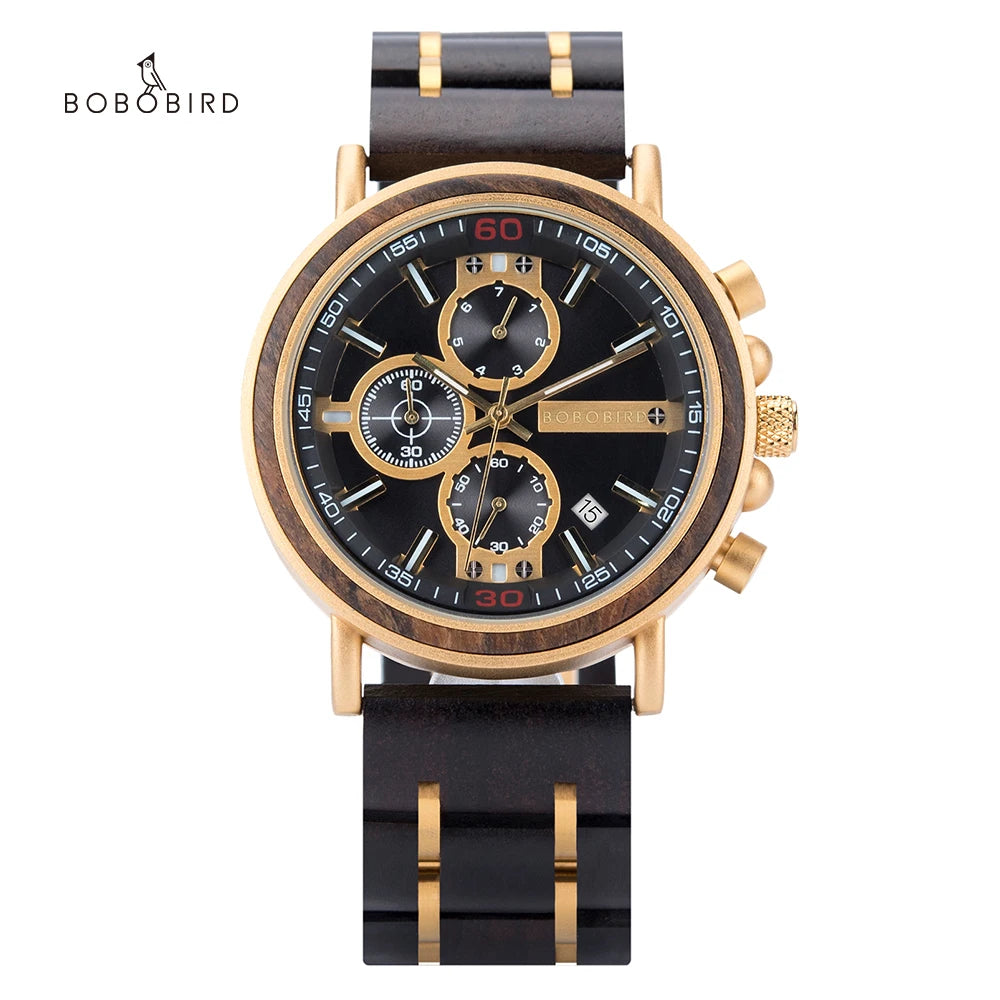 BOBO BIRD P09 Wood and Stainless Steel Watches Mens Chronograph Wristwatches Luminous Hands Stop Clock Customized Dropshipping