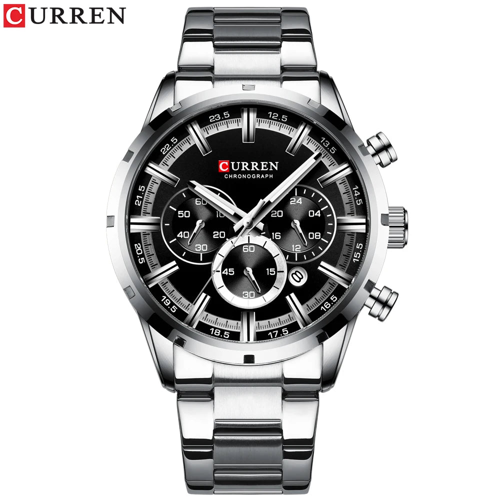 CURREN Military Quartz Watches Silver Blue Mens Stainless Steel Chronograph