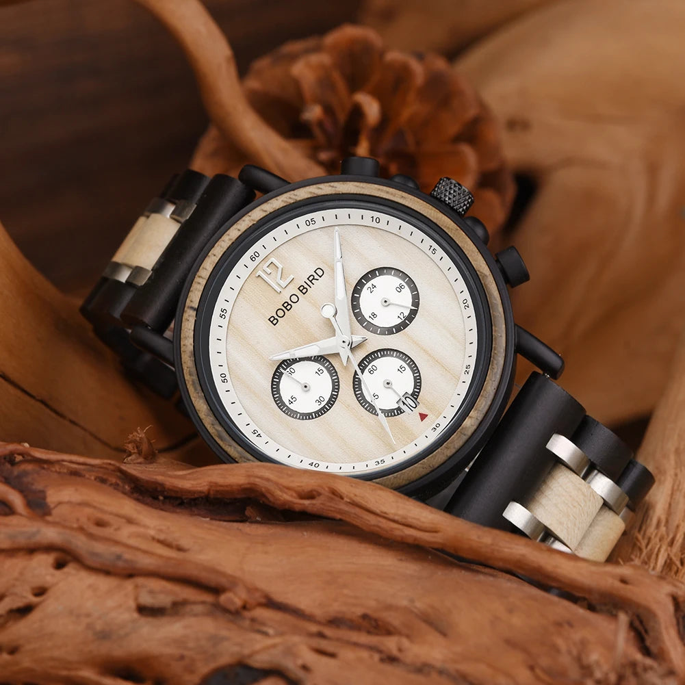 BOBO BIRD Wooden Watch Men Top Brand Luxury Stylish Chronograph Military Watches Wooden Box Logo Custom Great Gift Reloj Hombre