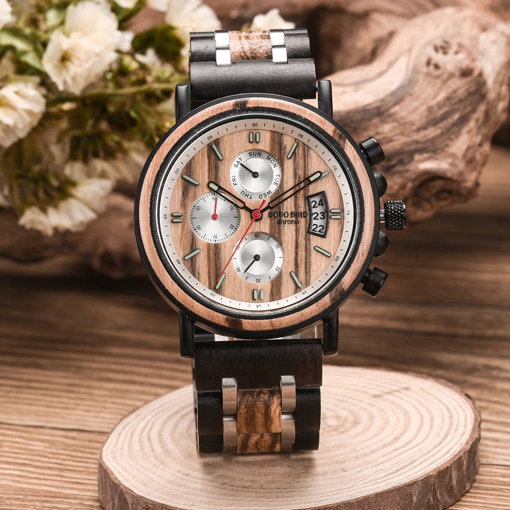BOBO BIRD Wooden Watch Men Top Brand Luxury Stylish Chronograph Military Watches Wooden Box Logo Custom Great Gift Reloj Hombre